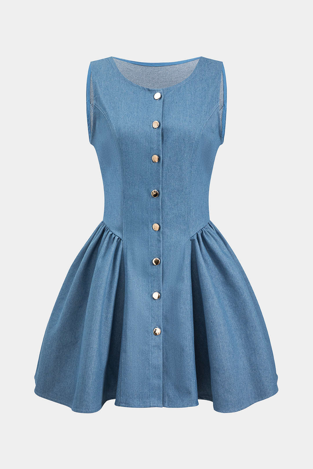 Button-Ruched Sleeveless Denim Dress