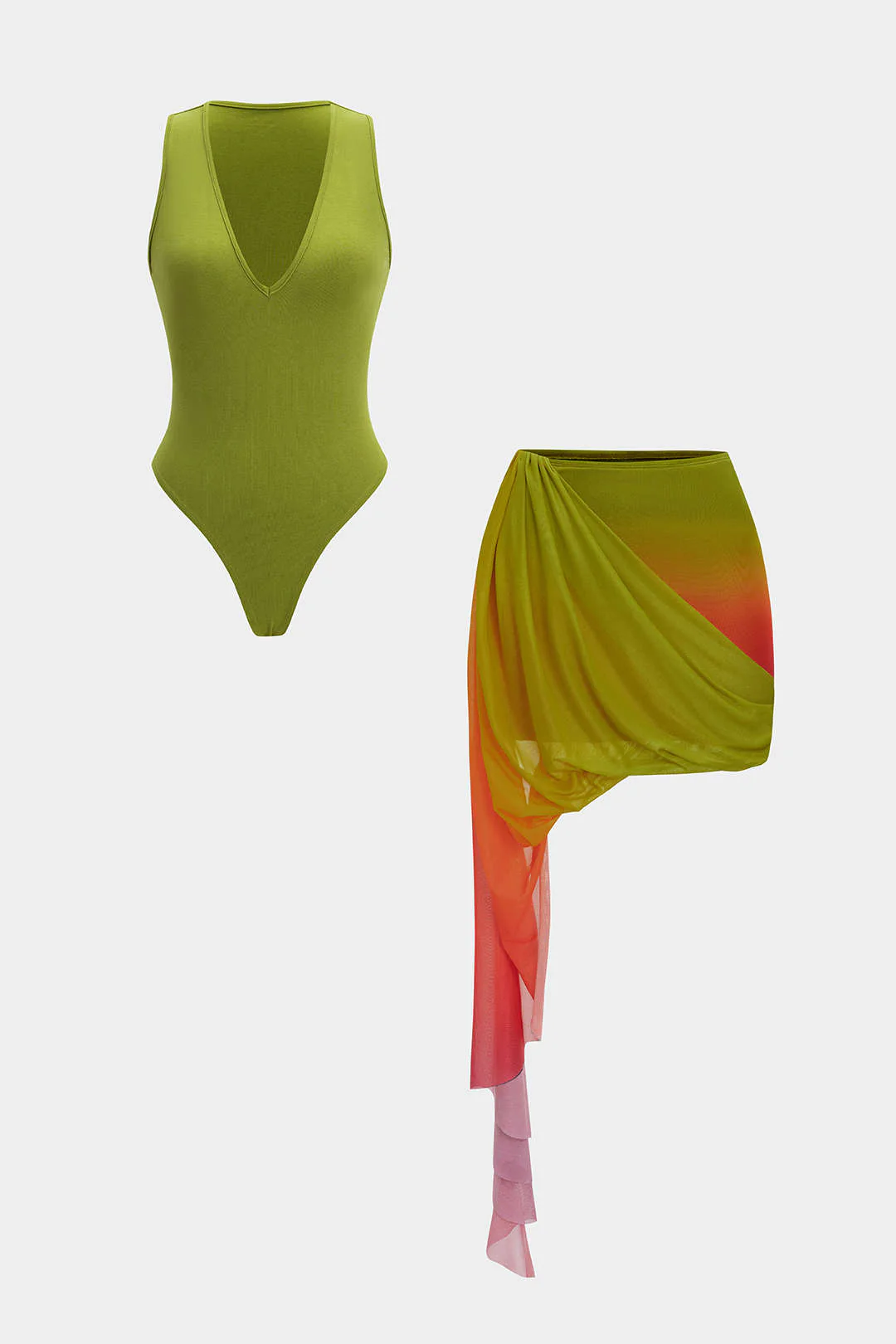 Ombre Print V-Neck Bodysuit And Asymmetrical Ruched Skirt Set