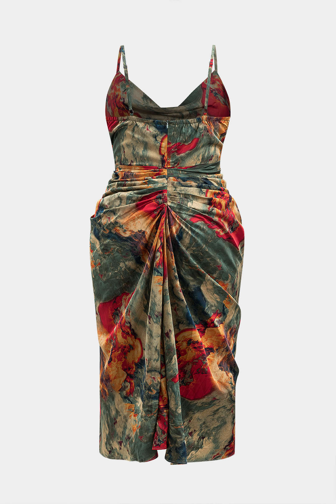 Plus Size Abstract Print Satin Zipper Cowl Neck Sleeveless Midi Dress