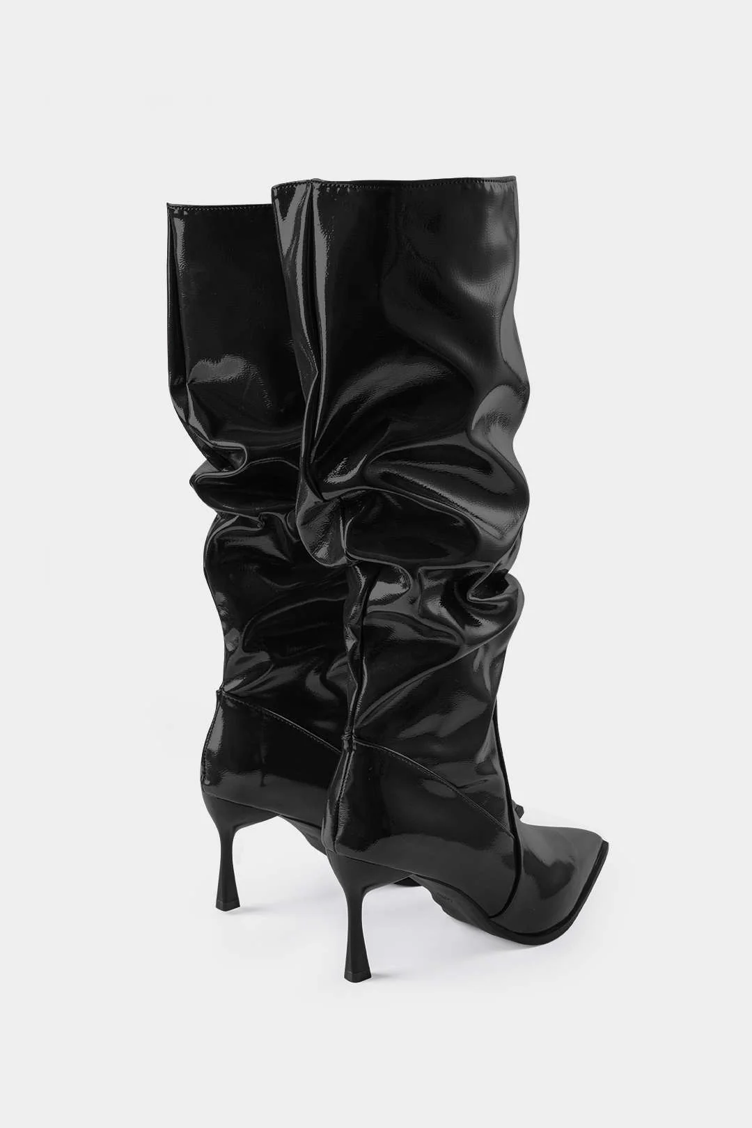 Faux Leather Ruched Pointed Toe Knee-High Boots