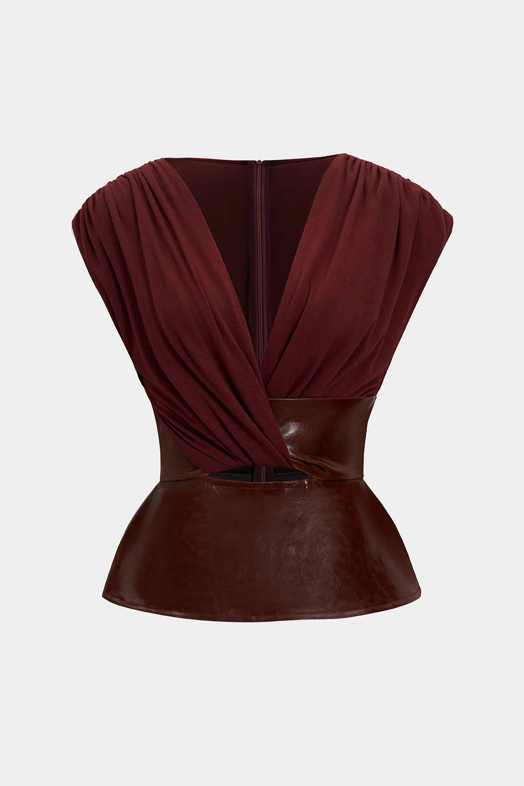 Faux Leather Patchwork Ruched Zipper Short Sleeve Blouse