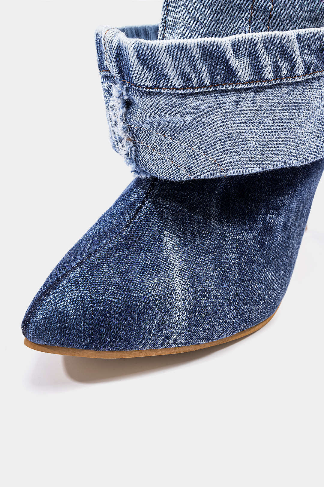 Washed Denim Wrinkled Patchwork Pointed Mid-Calf Boots