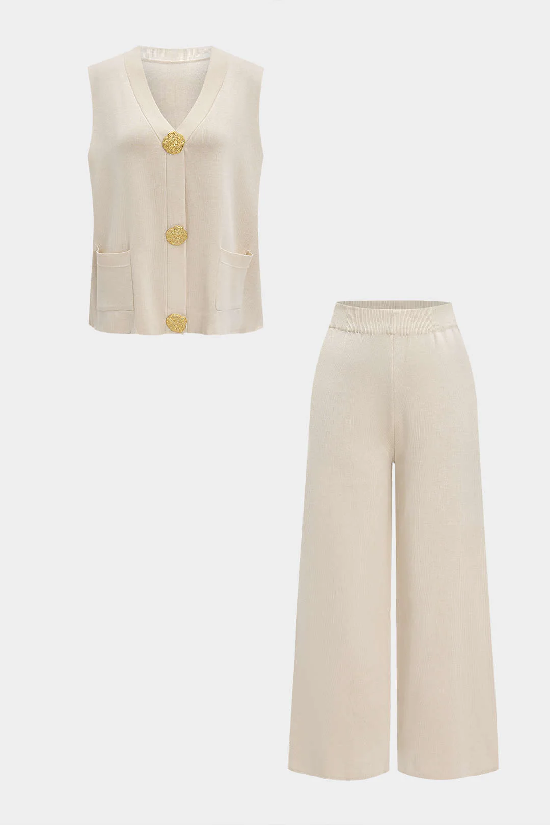 Knit Button V-Neck Vest And Pants Set