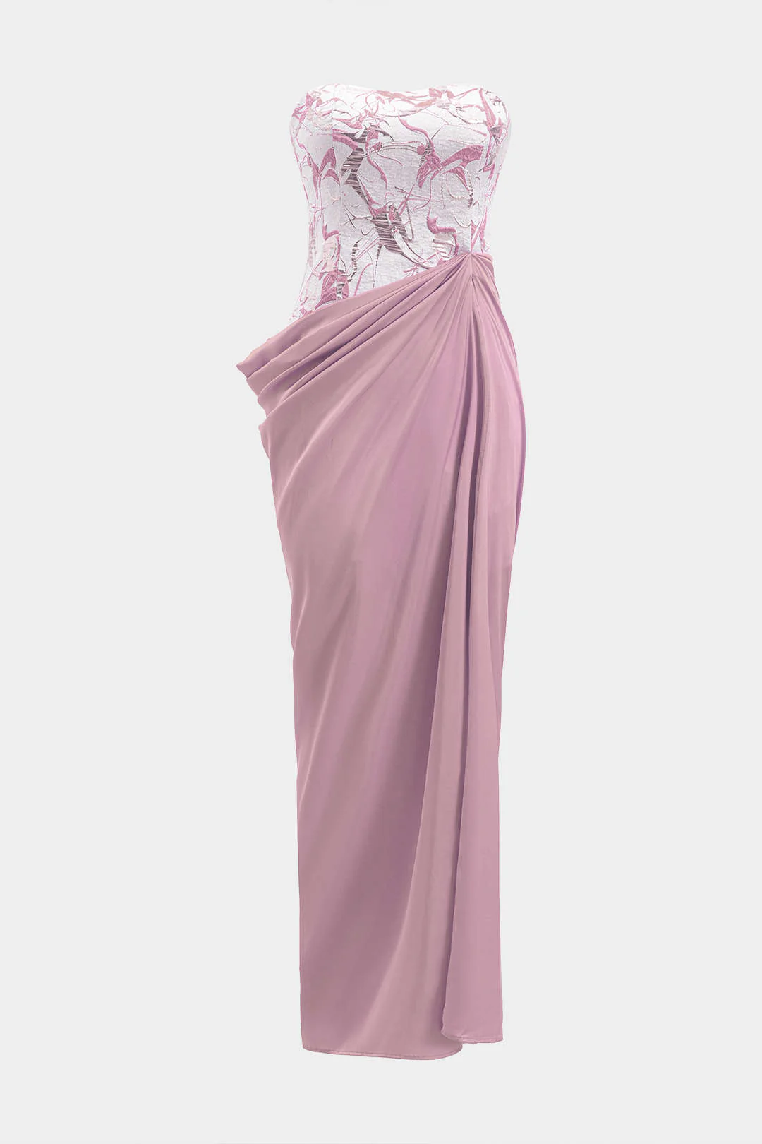 Satin Jacquard Patchwork Ruched Strapless Sleeveless Long Dress