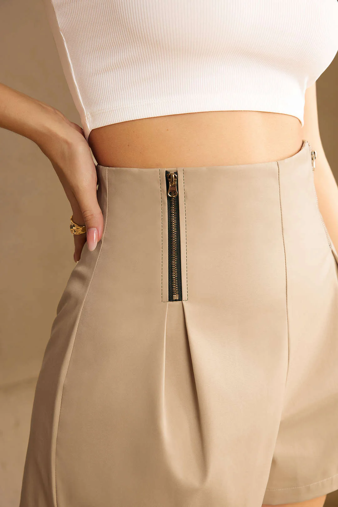 High-Waisted Ruched Zipper Shorts