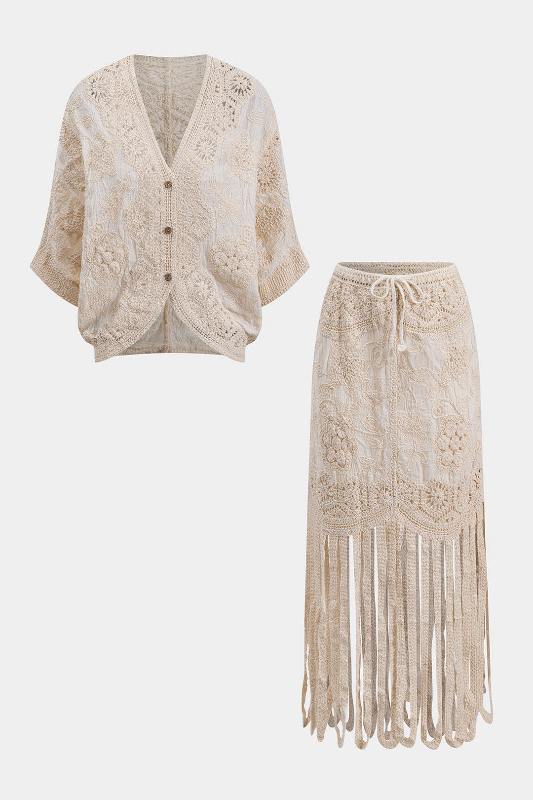Lace Button Cut-Out Long Sleeve Top and Fringe Tie-Front Skirt Set