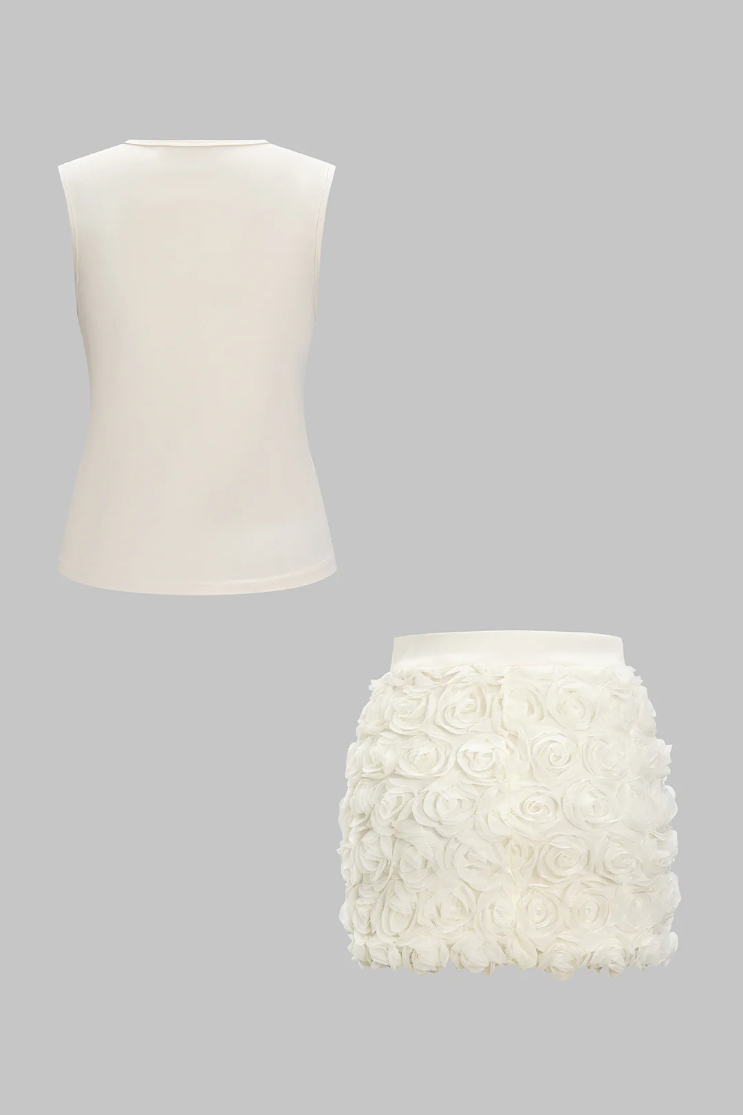 Metallic Button Sleeveless Tank Top and 3D Floral Skirt Ensemble