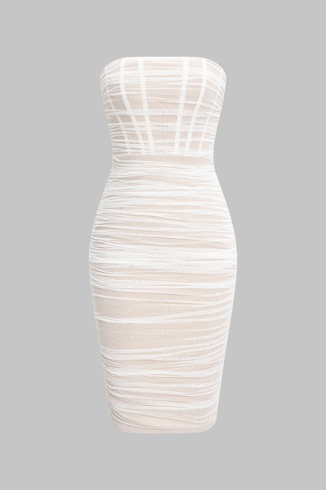 Mesh Ruched Zipper Strapless Sleeveless Mid-length Dress