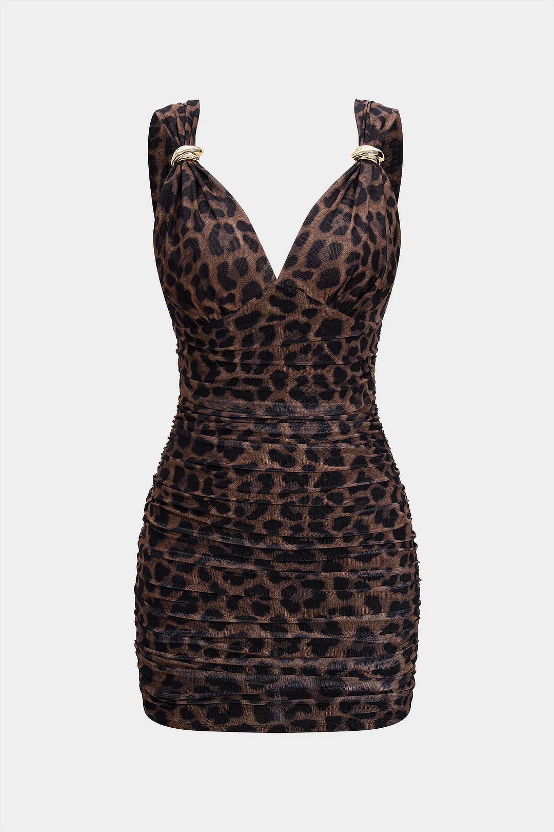 Leopard Print Mesh Metallic Ruched Slip Sleeveless Mini Dress