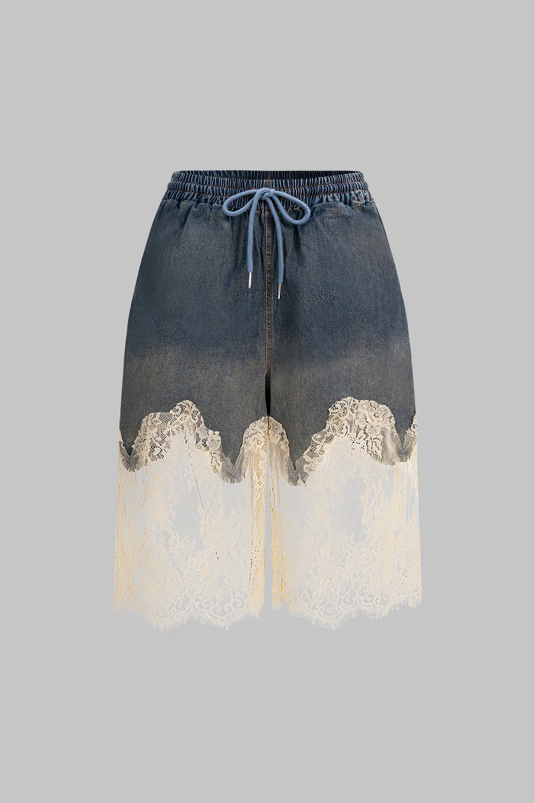 Denim Patchwork Drawstring Wide Leg Shorts