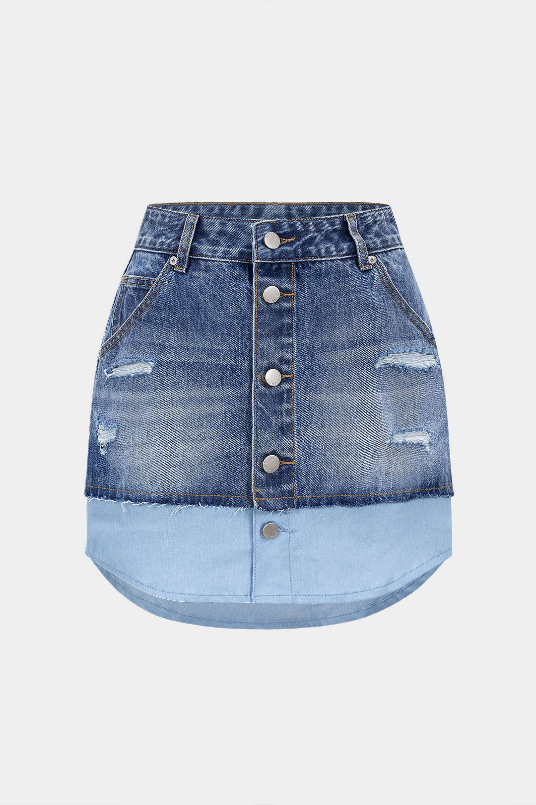 Washed Ripped Patchwork Denim Skirt with Buttons