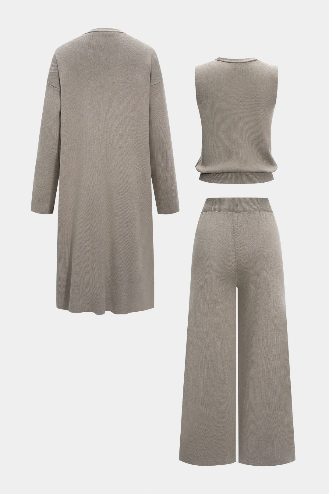 Knit Soid Button Vest And Long Cardigan And Wide Leg Trousers Set