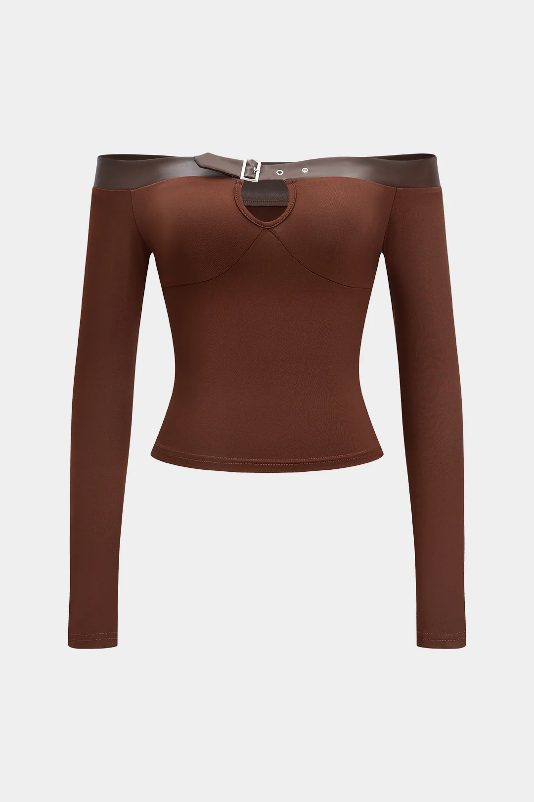 Off-the-Shoulder Faux Leather Patchwork Cut-Out Long-Sleeve Top