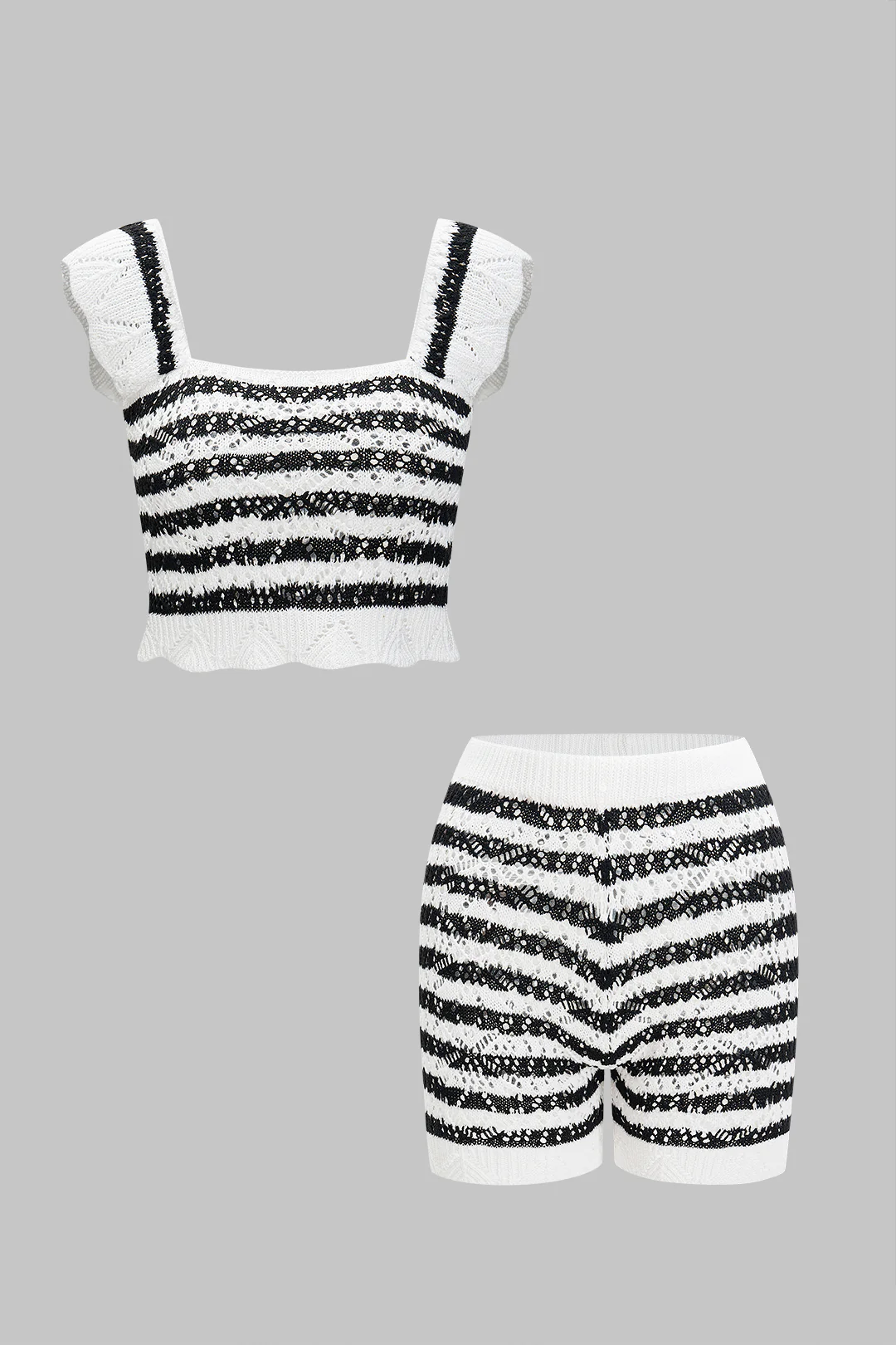 Knit Hollow Out Contrast Stripe Print Tank Top And Shorts Set