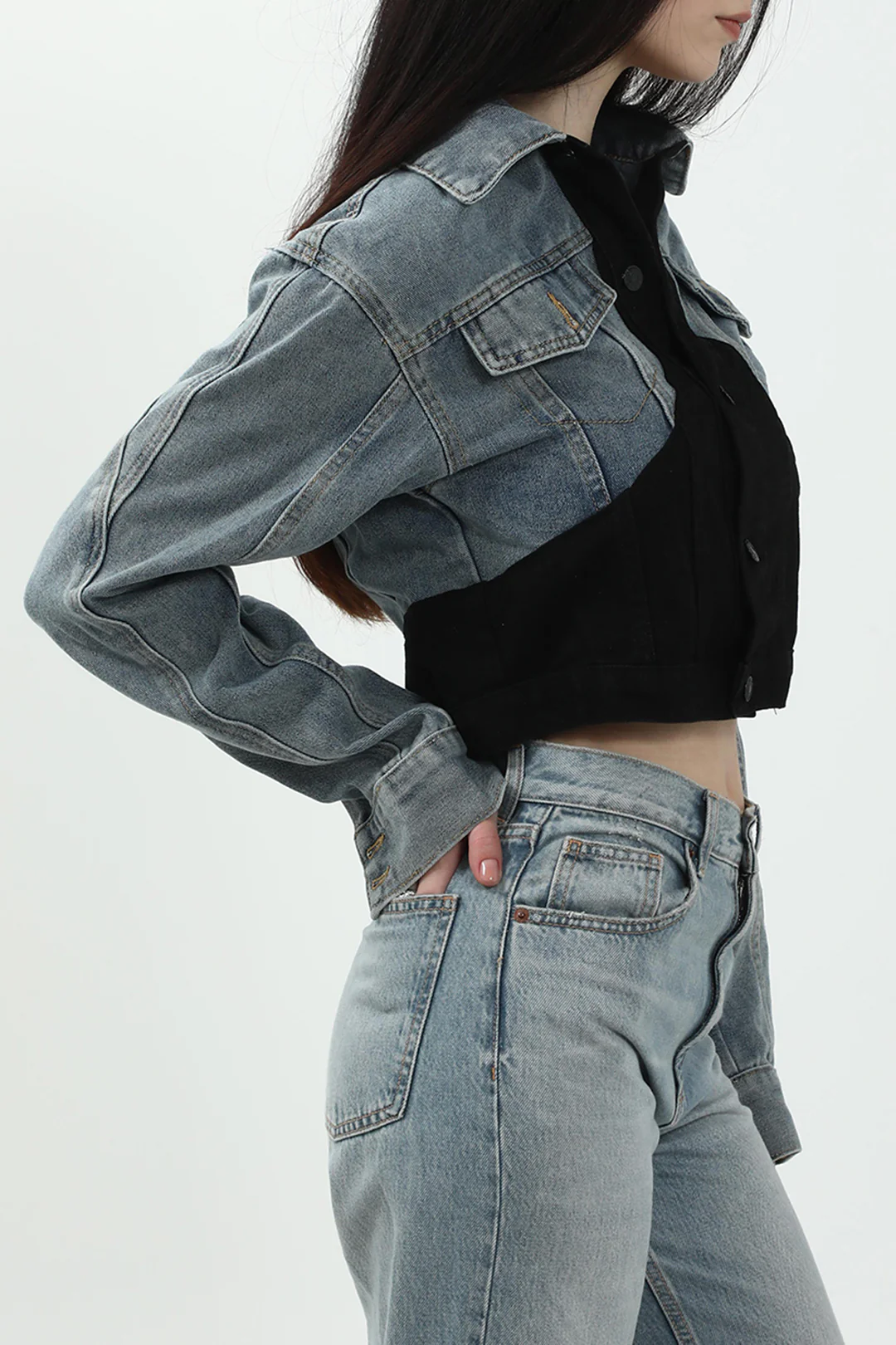 Denim Patchwork Contrast Cropped Jacket