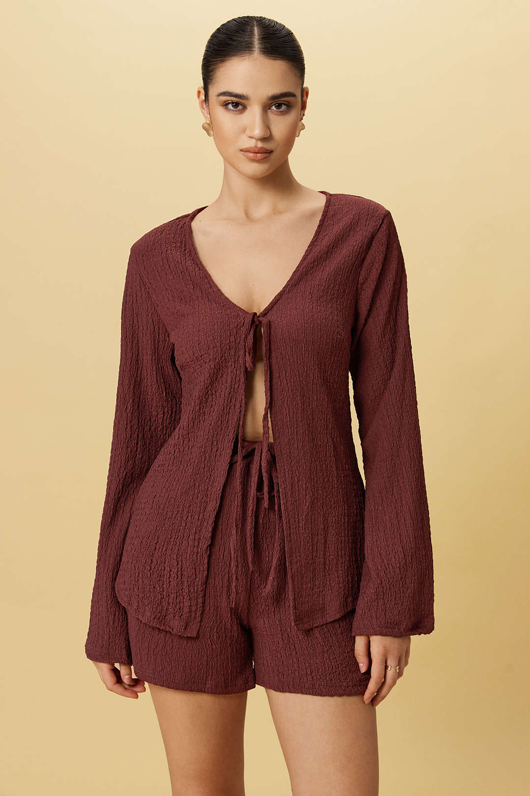 Tie-Up Ribbed Long-Sleeve Top And Shorts Set