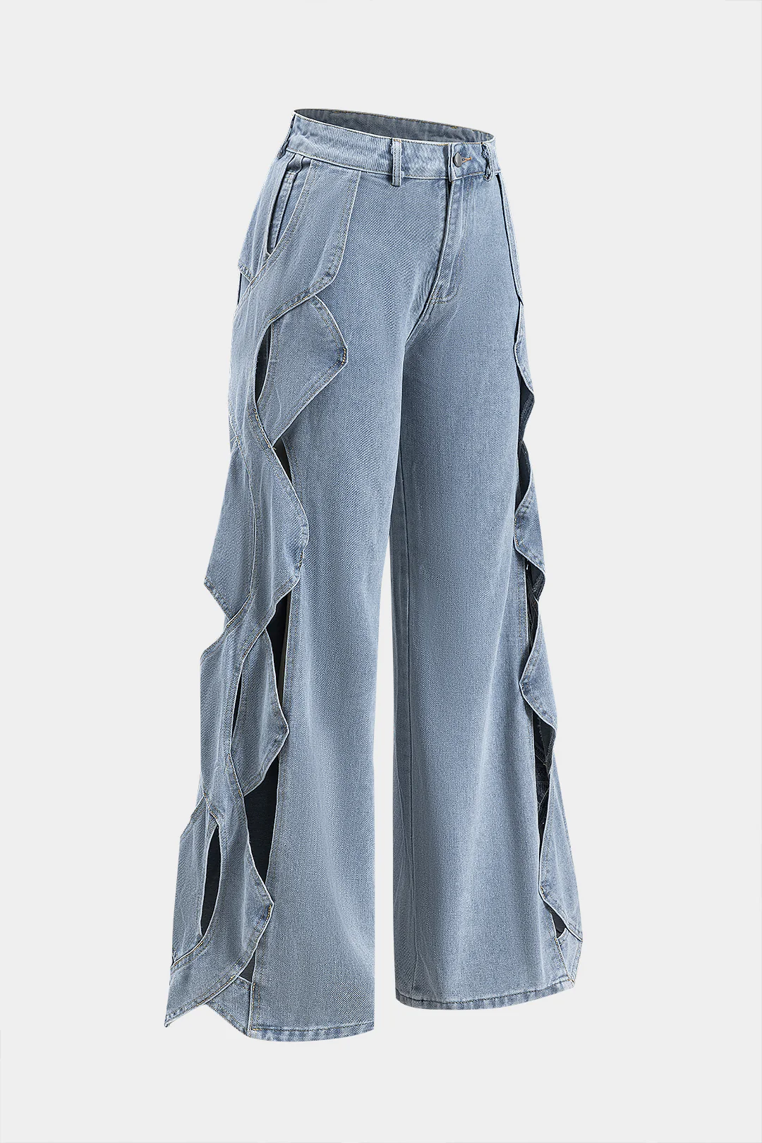 Denim Hollow-Out Button-Pocket Wide-Leg Jeans