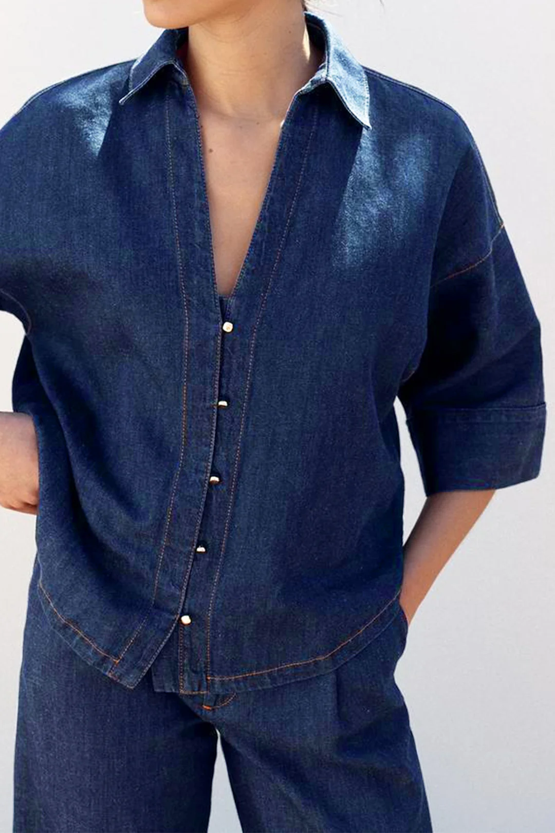 Denim V-Neck Short-Sleeve Shirt
