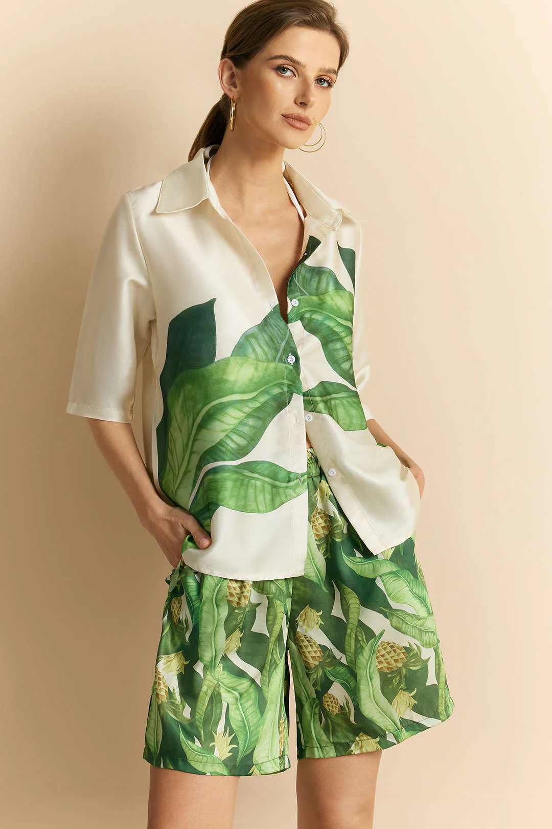 Leaves Print Satin Button Short-Sleeve Top