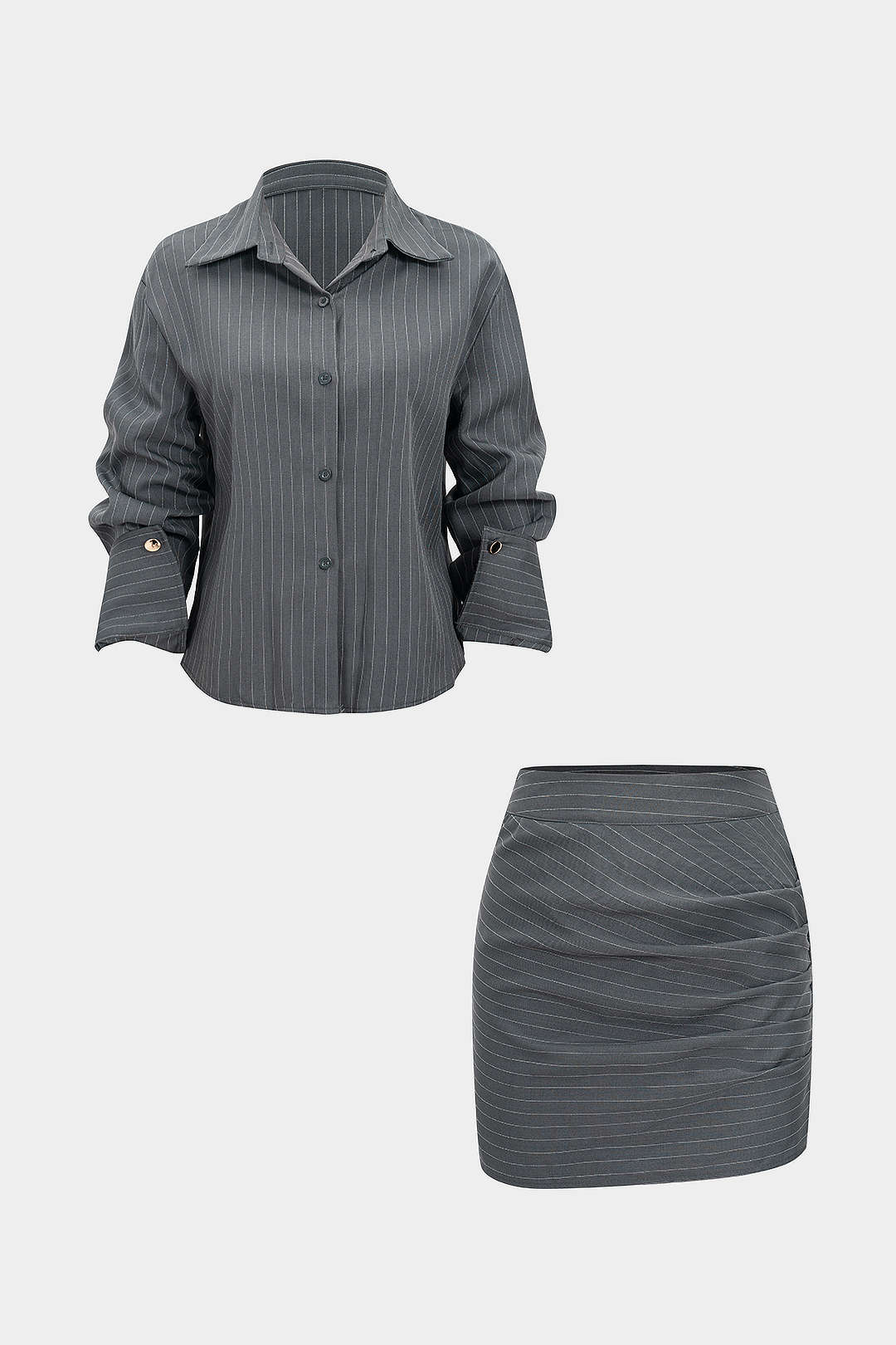 Stripes Print Button Long-Sleeve And Ruched Mini Skirt Set