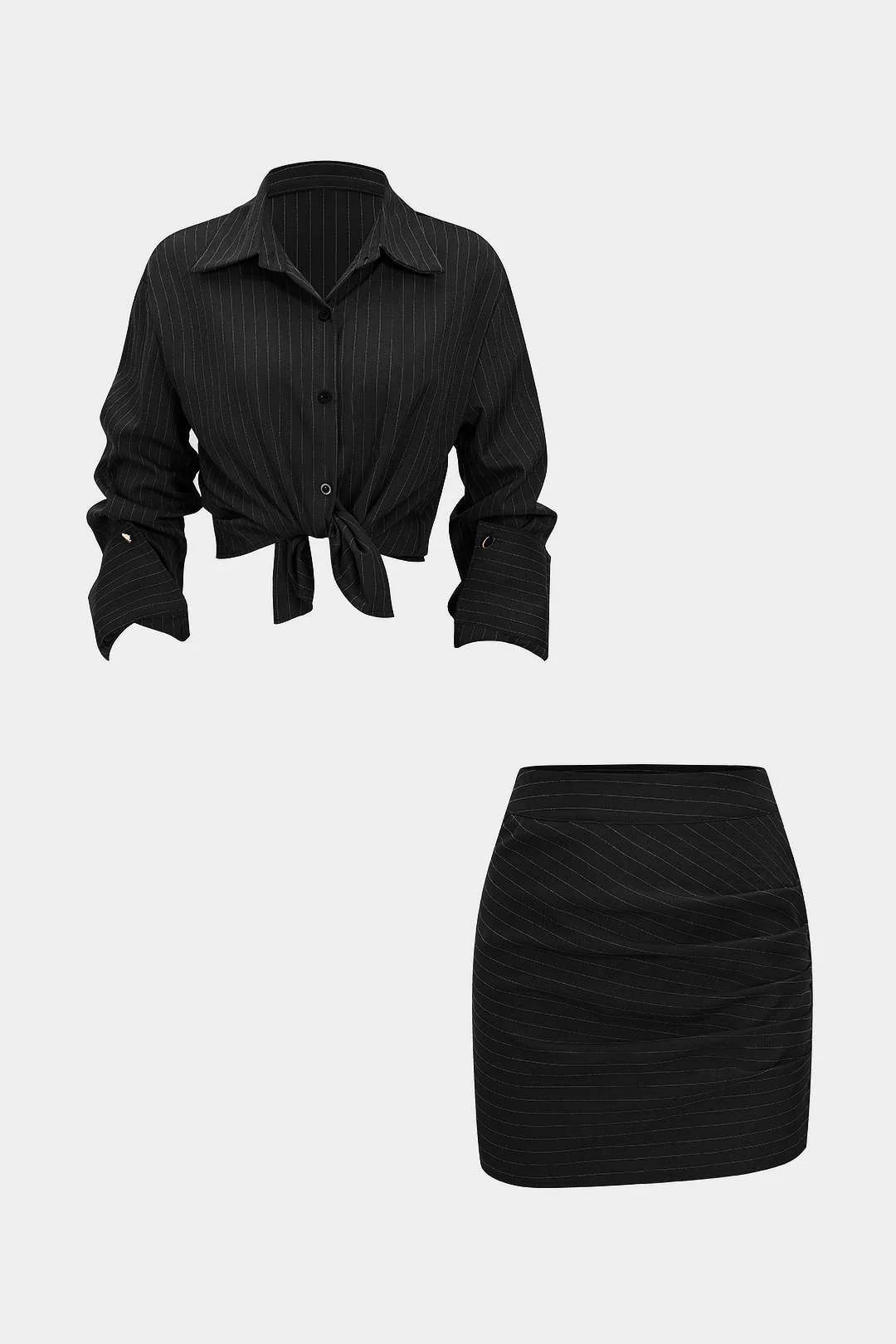 Stripes Print Button Long-Sleeve And Ruched Mini Skirt Set