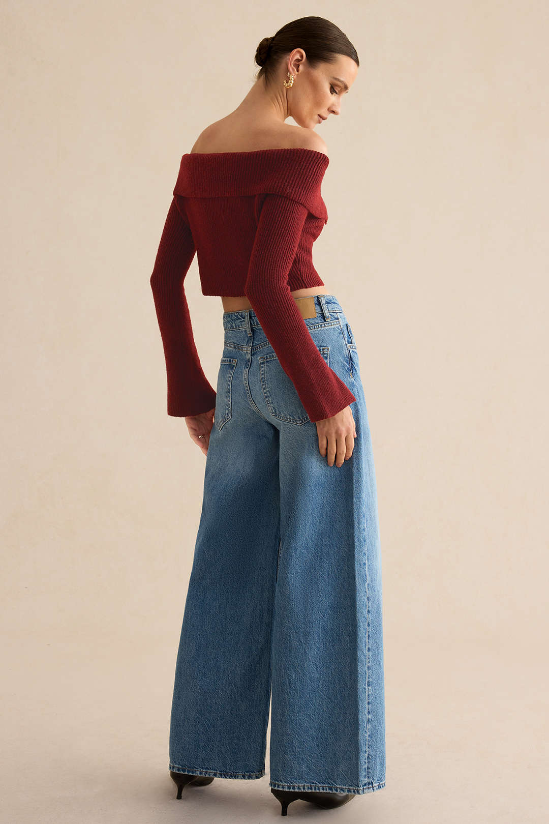 Solid Metallic Knit Off-Shoulder Long-Sleeve Top