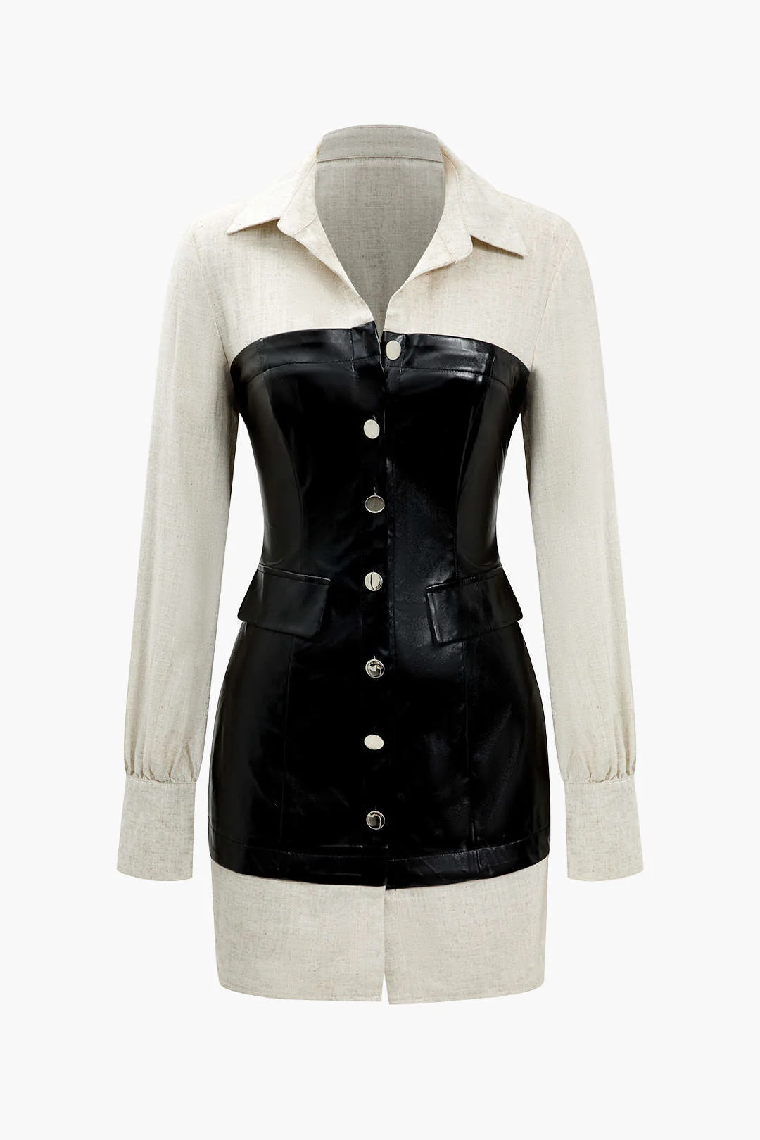 Button-Patchwork Faux Leather Mini Dress