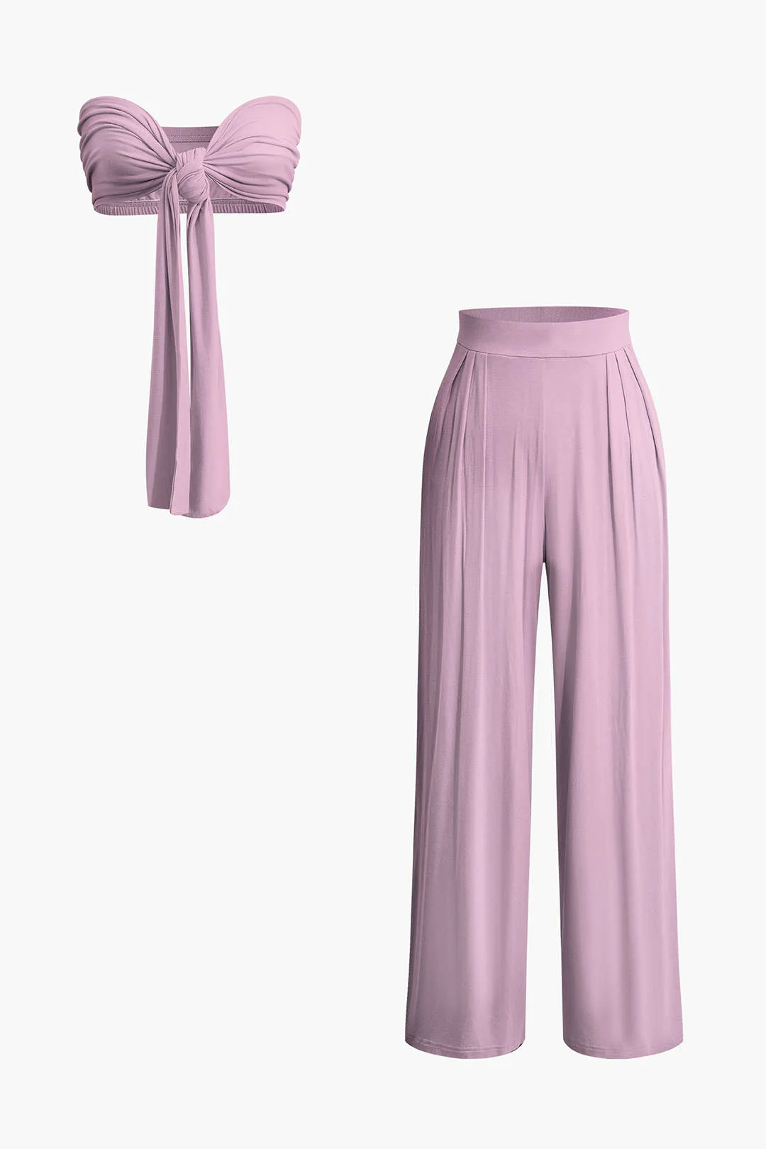 Tie Knot Front Ruched Tube Top and Pleated Wide-Leg Pants Set