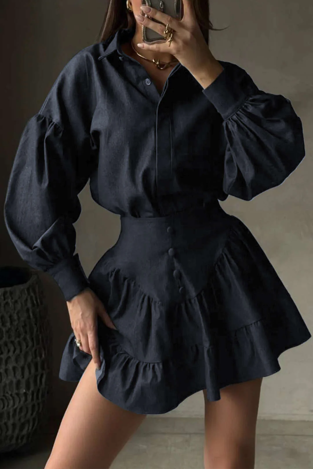Ruched Button Long-Sleeve Top And Ruffle Mini Skirt Set