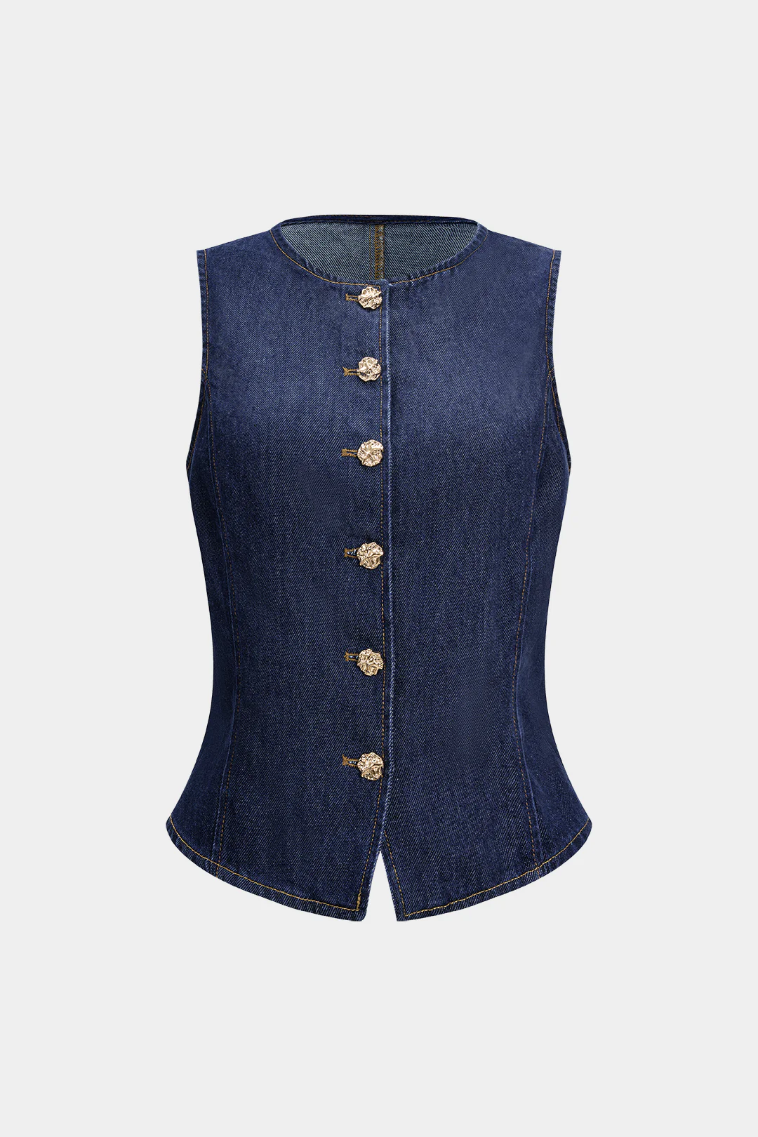 Denim Button Metallic Button Round Neck Vest