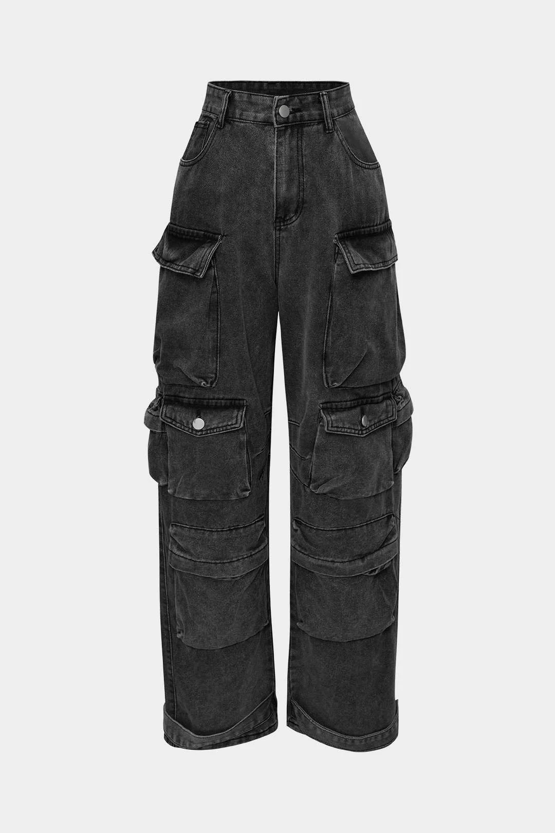 Multi-Pocket Rolled-Hem Wide-Leg Cargo Denim Jeans