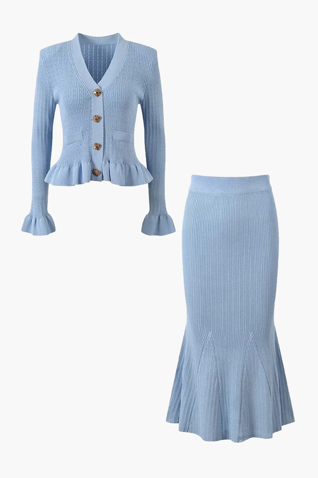 Solid Knit Buttoned Top and Ruffled Mermaid Skirt Set