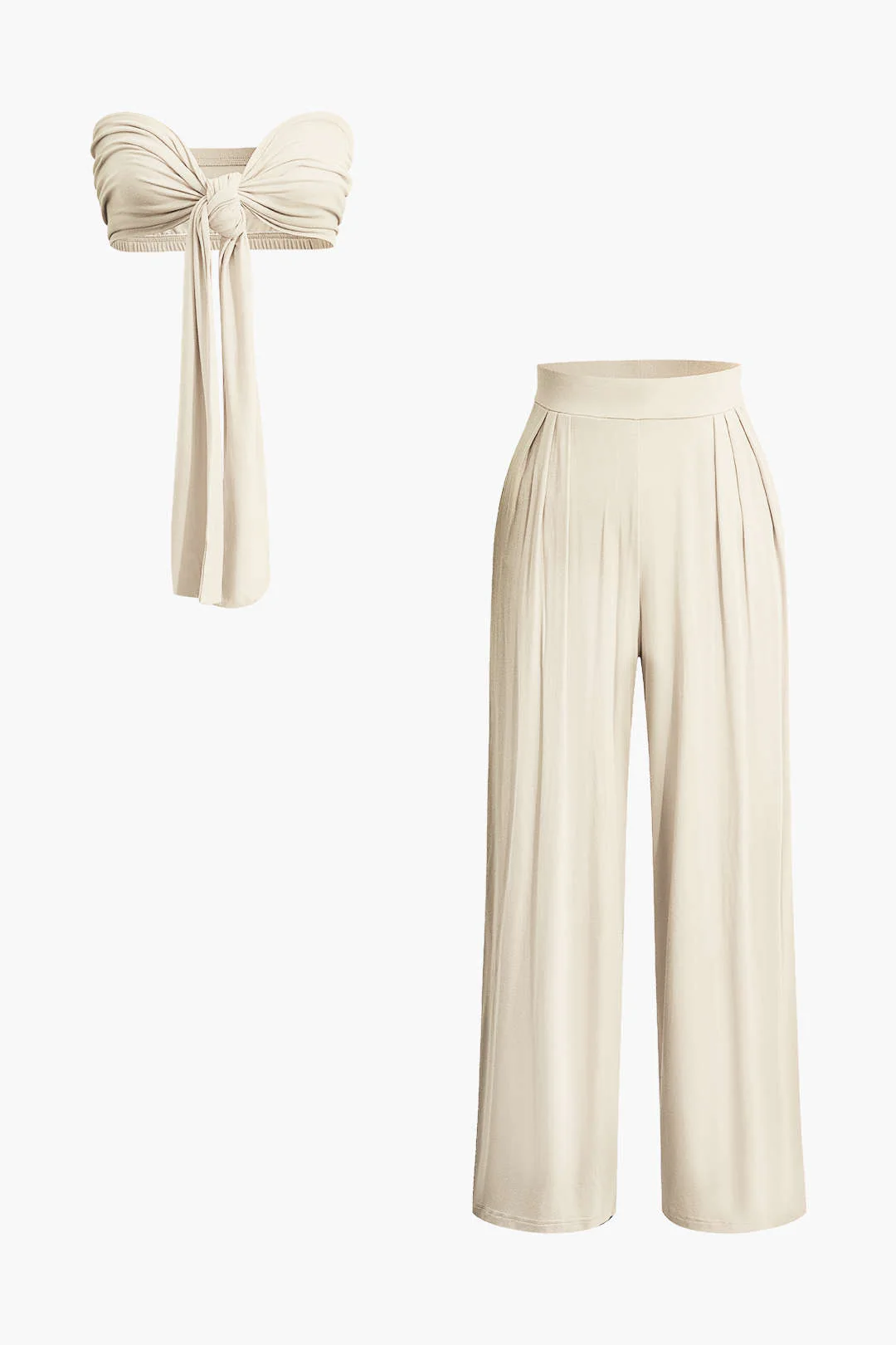 Tie Knot Front Ruched Tube Top and Pleated Wide-Leg Pants Set