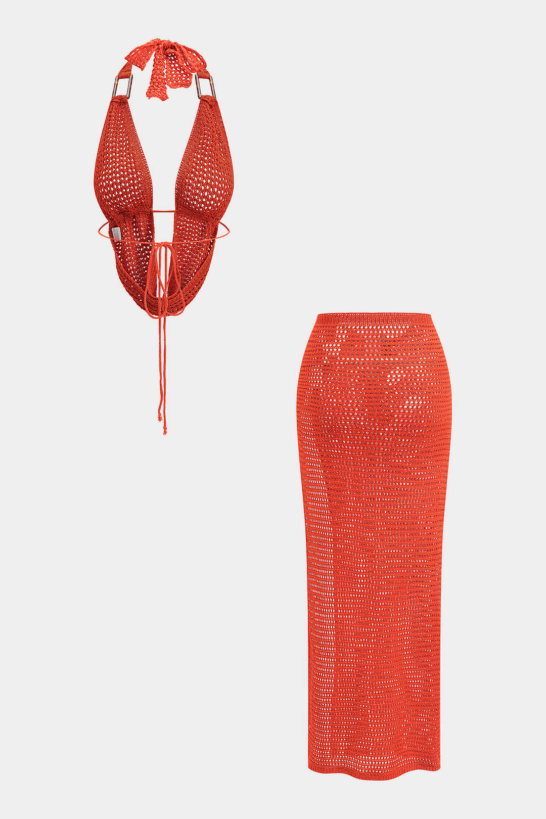 Knit Backless Tie Back Halter Top And High Slit Skirt Set