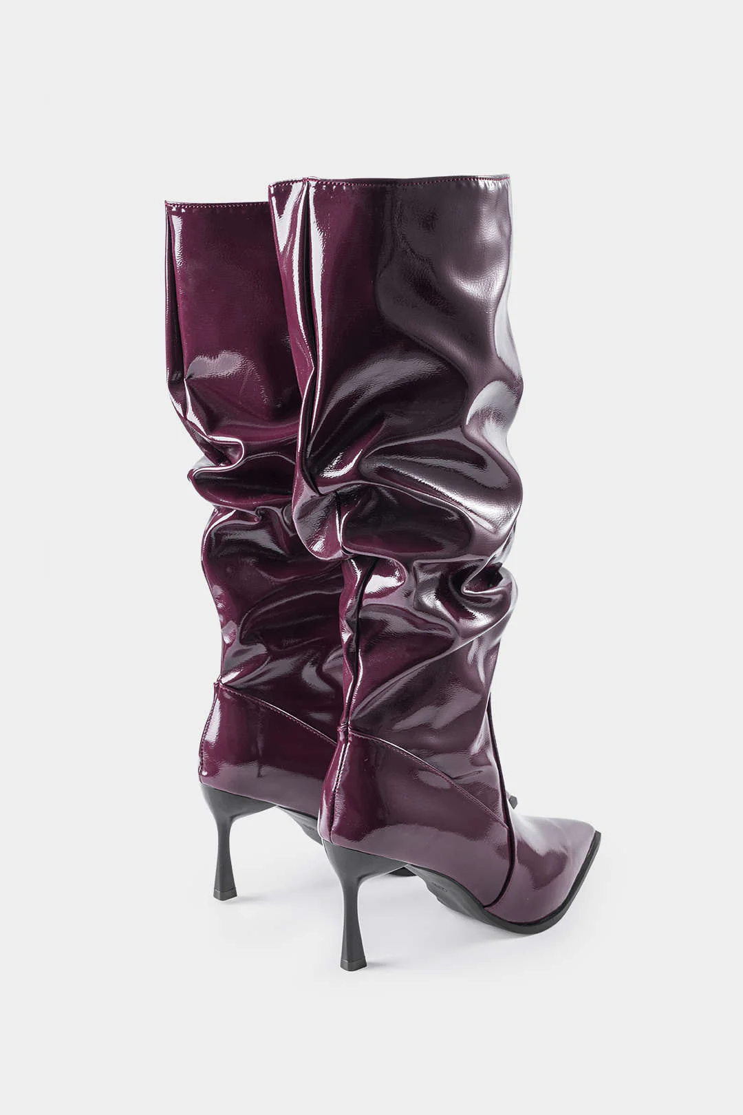 Faux Leather Ruched Pointed Toe Knee-High Boots