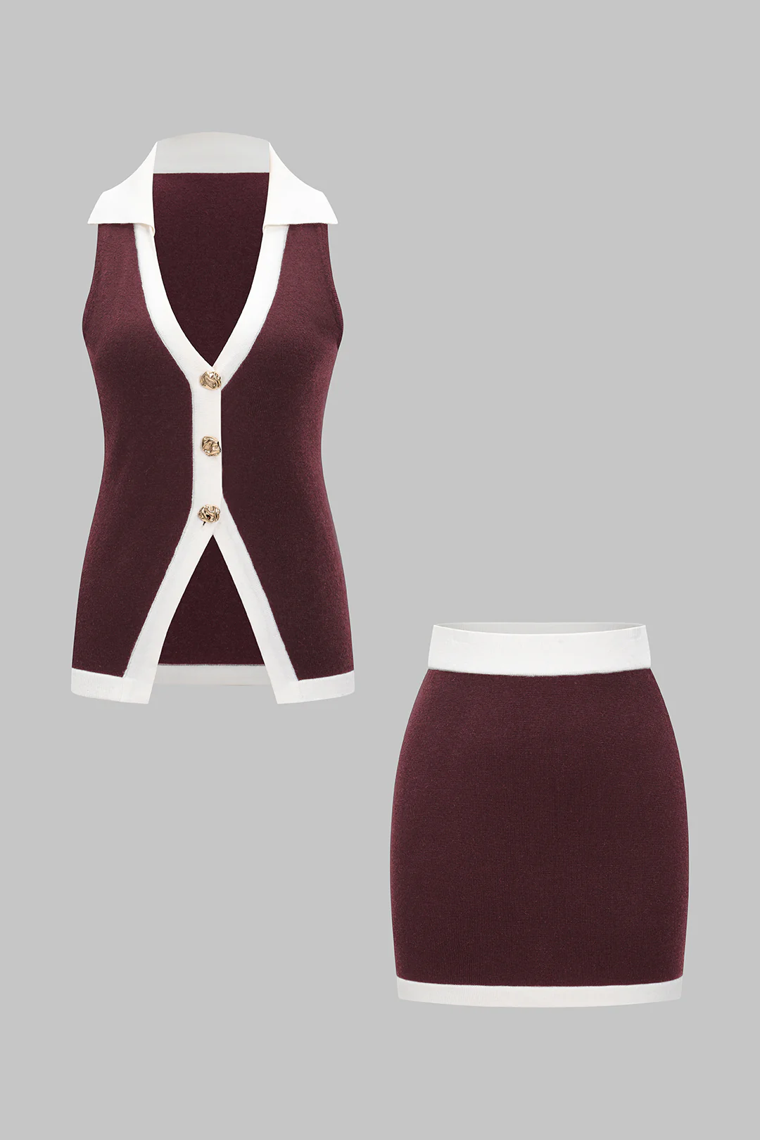 Knit Contrast Metallic Button Vest And Mini Skirt Set