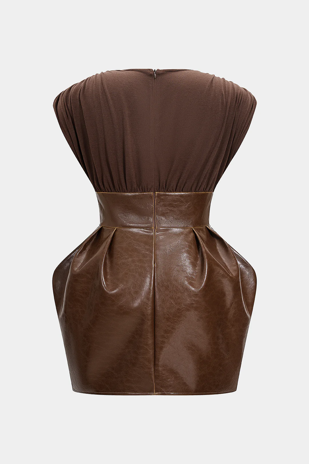 Plus Size Faux Leather Patchwork V-Neck Ruched Sleeveless Mini Dress