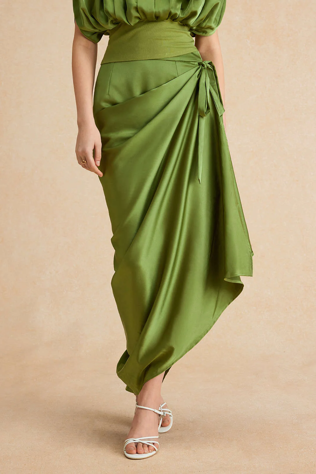 Satin Asymmetrical Ruched Tie Knot Zipper Skirt