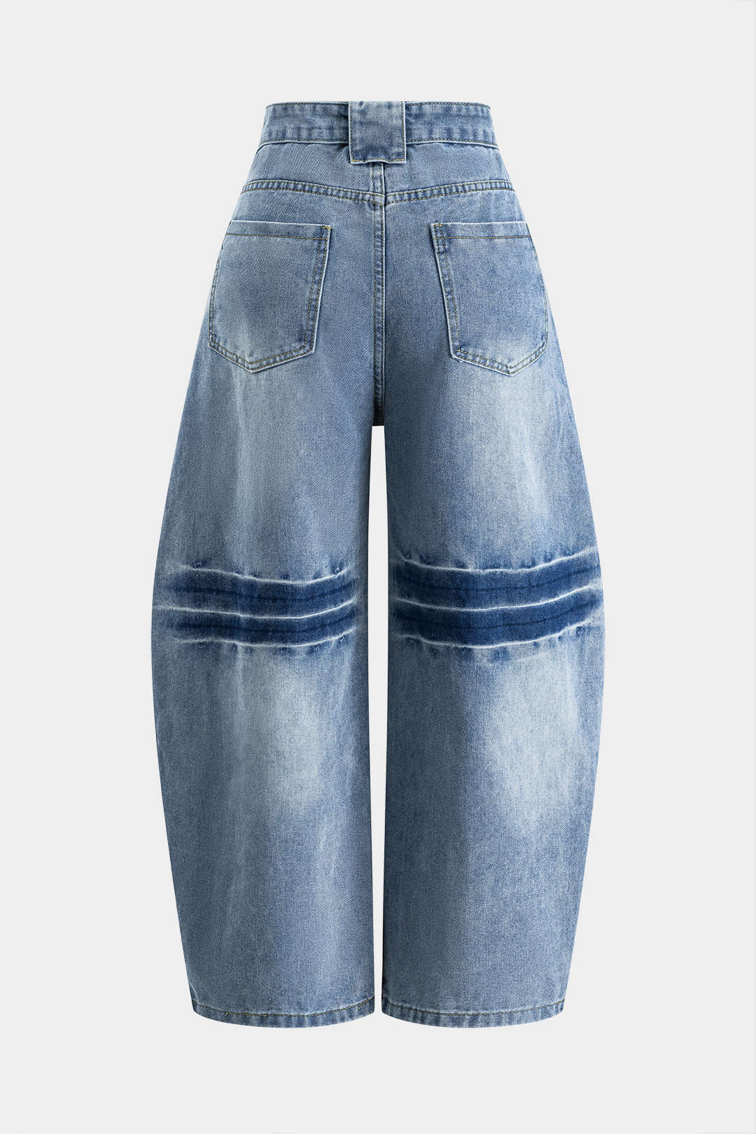 Denim Button Pocket Curved Wide-Leg Barrel Jeans