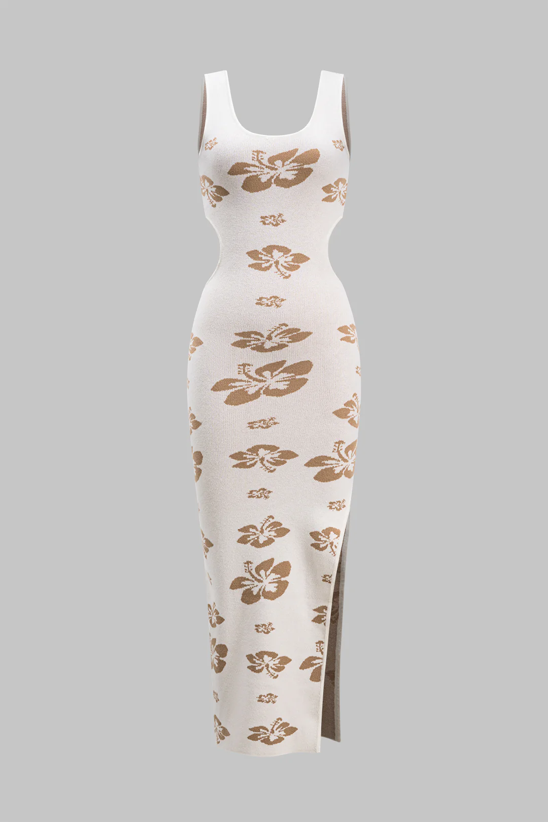 Knit Floral Print Cut-Out Slit Sleeveless Dress