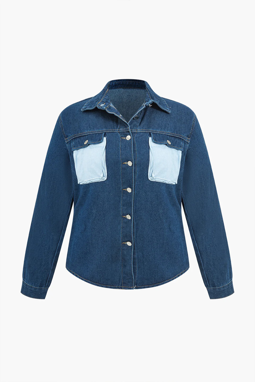 Plus Size Pocket Button Color Block Denim Shirt