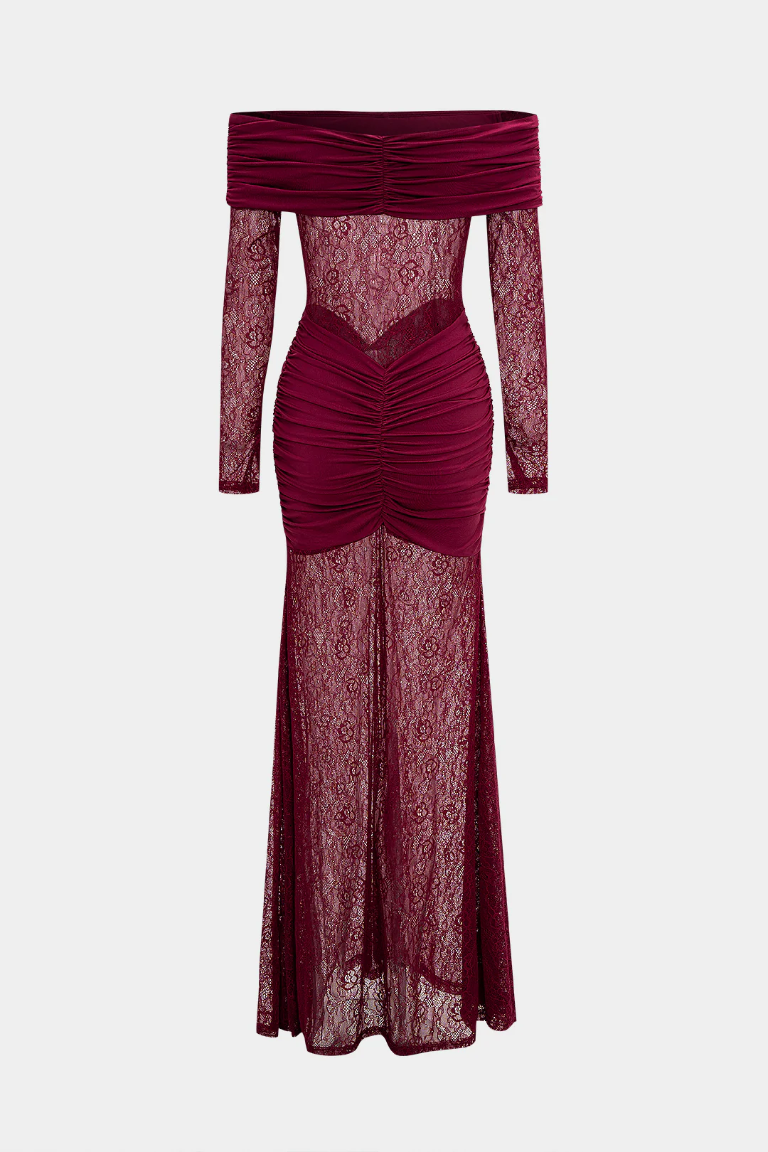 Off-the-Shoulder Patchwork Ruched Long-Sleeve Maxi Dress