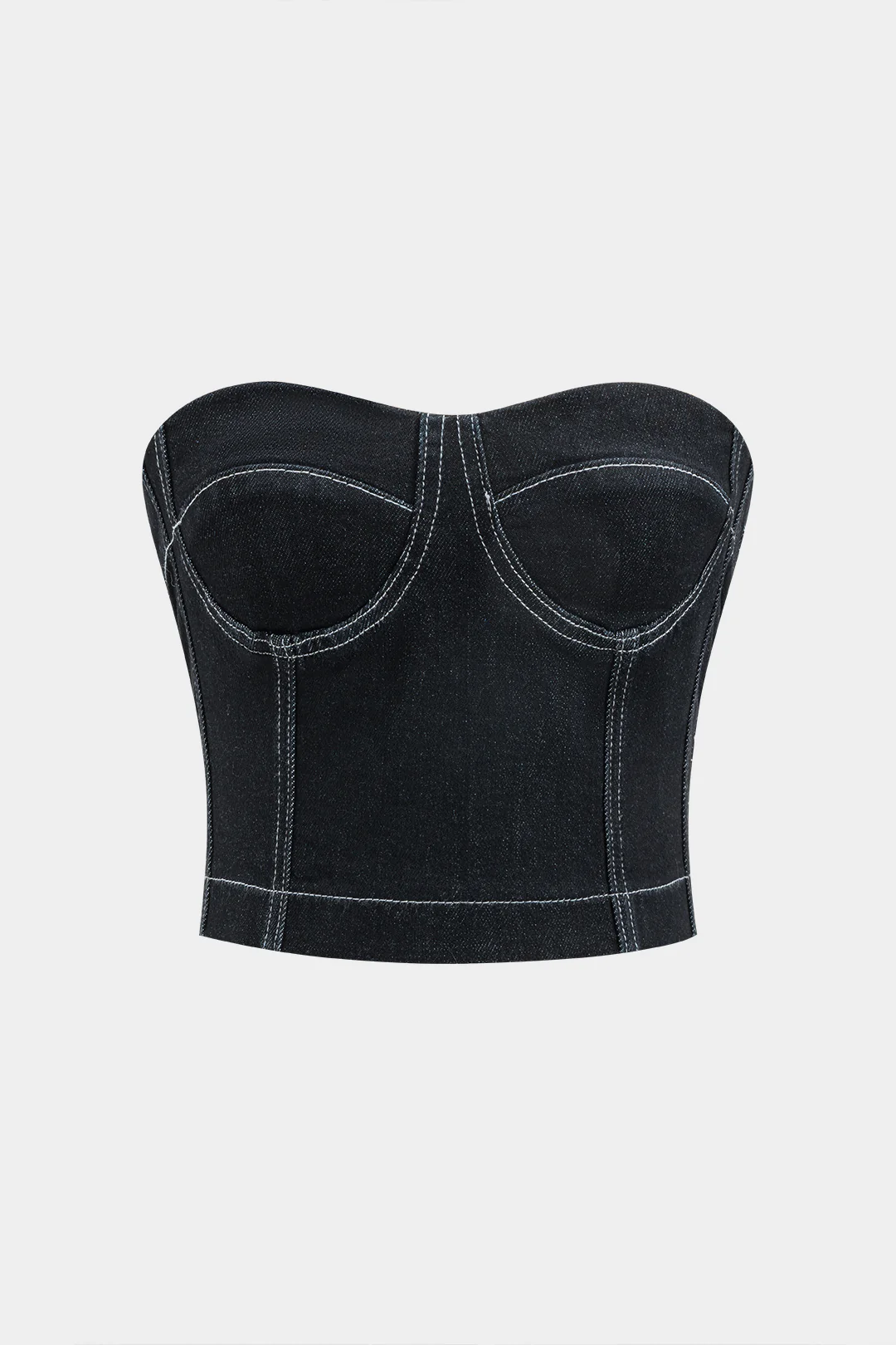 Denim Contrast Stitching Detail Bustier Tube Top and Shorts Set