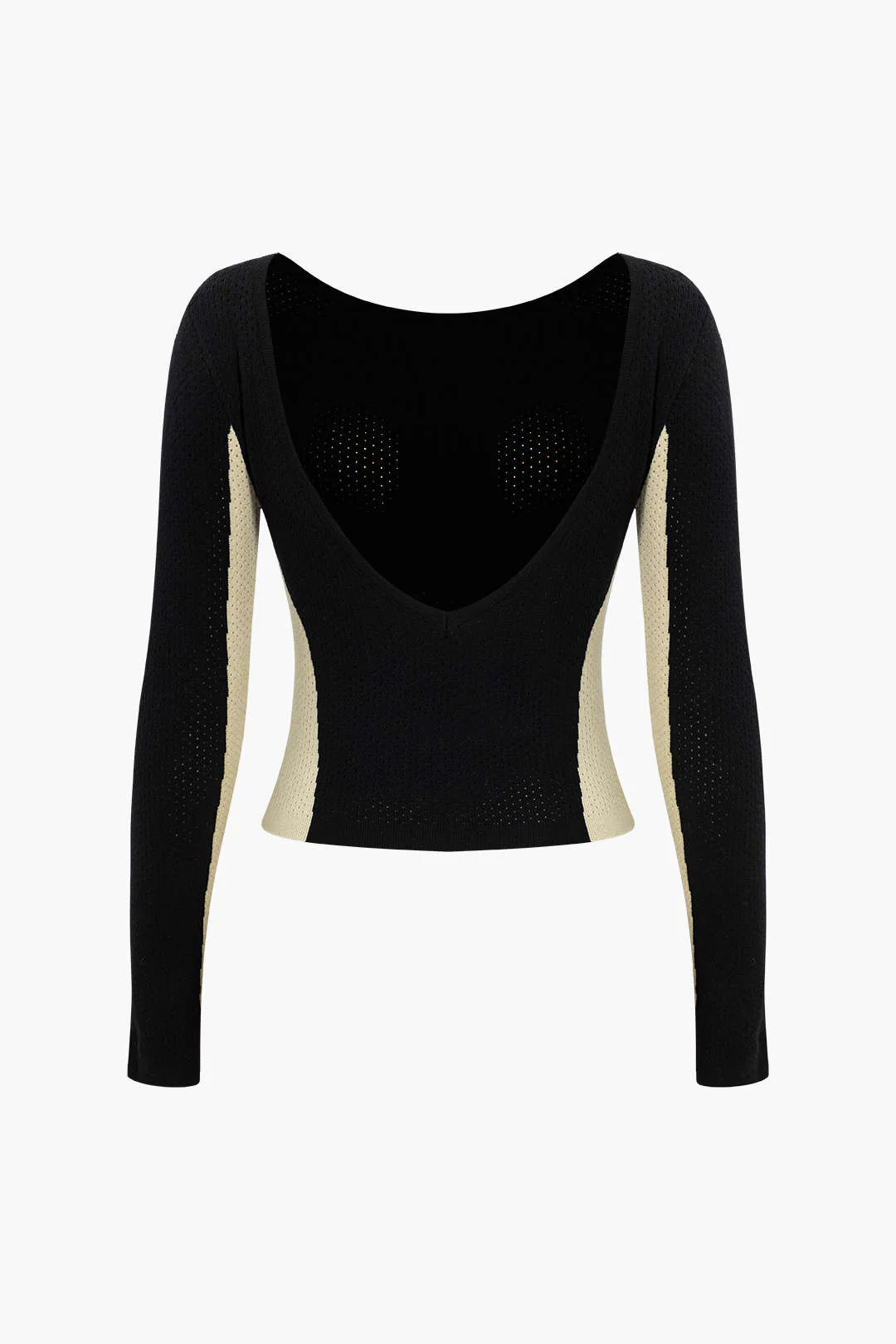 Contrast Knit Backless Patchwork Long-Sleeve Top