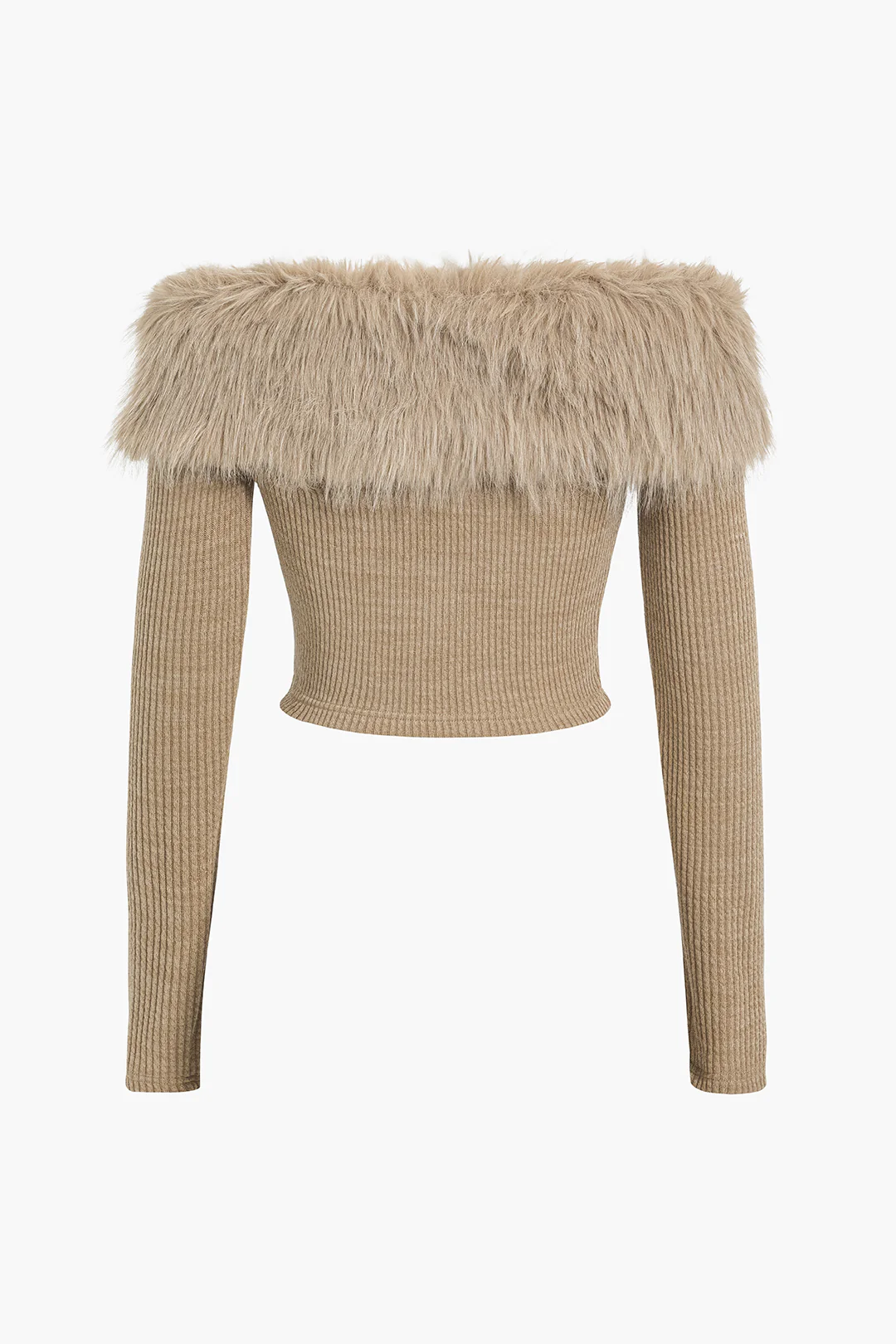 Knit Off-Shoulder Patchwork Faux Fur Long-Sleeve Top