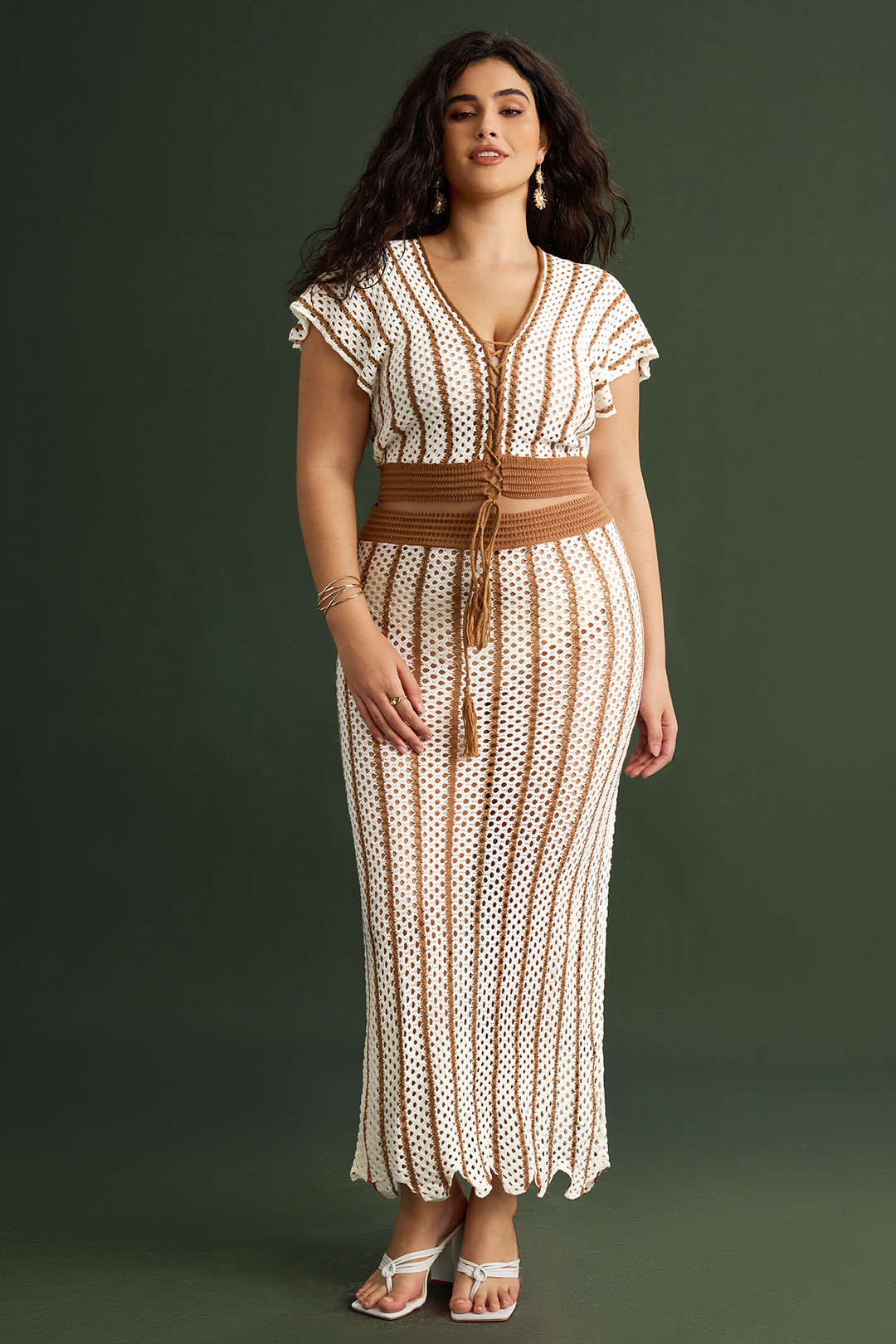 Plus Size Knitted Striped Print Tie-Up Fringe Short-Sleeve Top