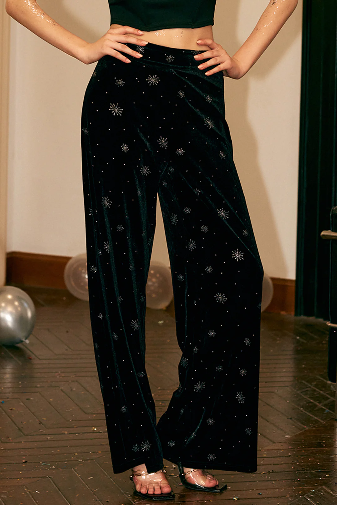 High-Waisted Velvet Snowflake Pattern Straight-Leg Trousers