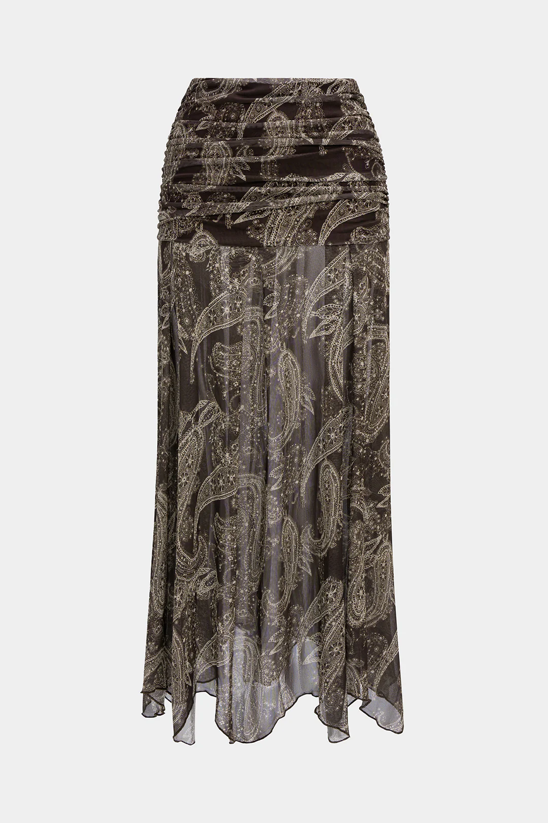 Retro Print Mesh Ruched High Waist Skirt