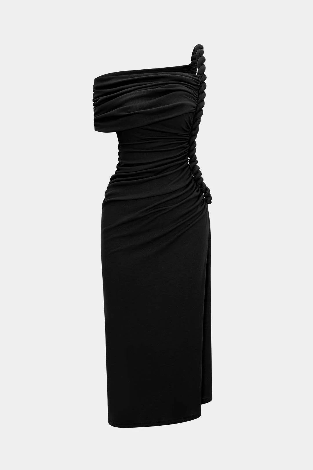 Asymmetrical Shoulder Ruched Twist Knot Sleeveless Long Dress