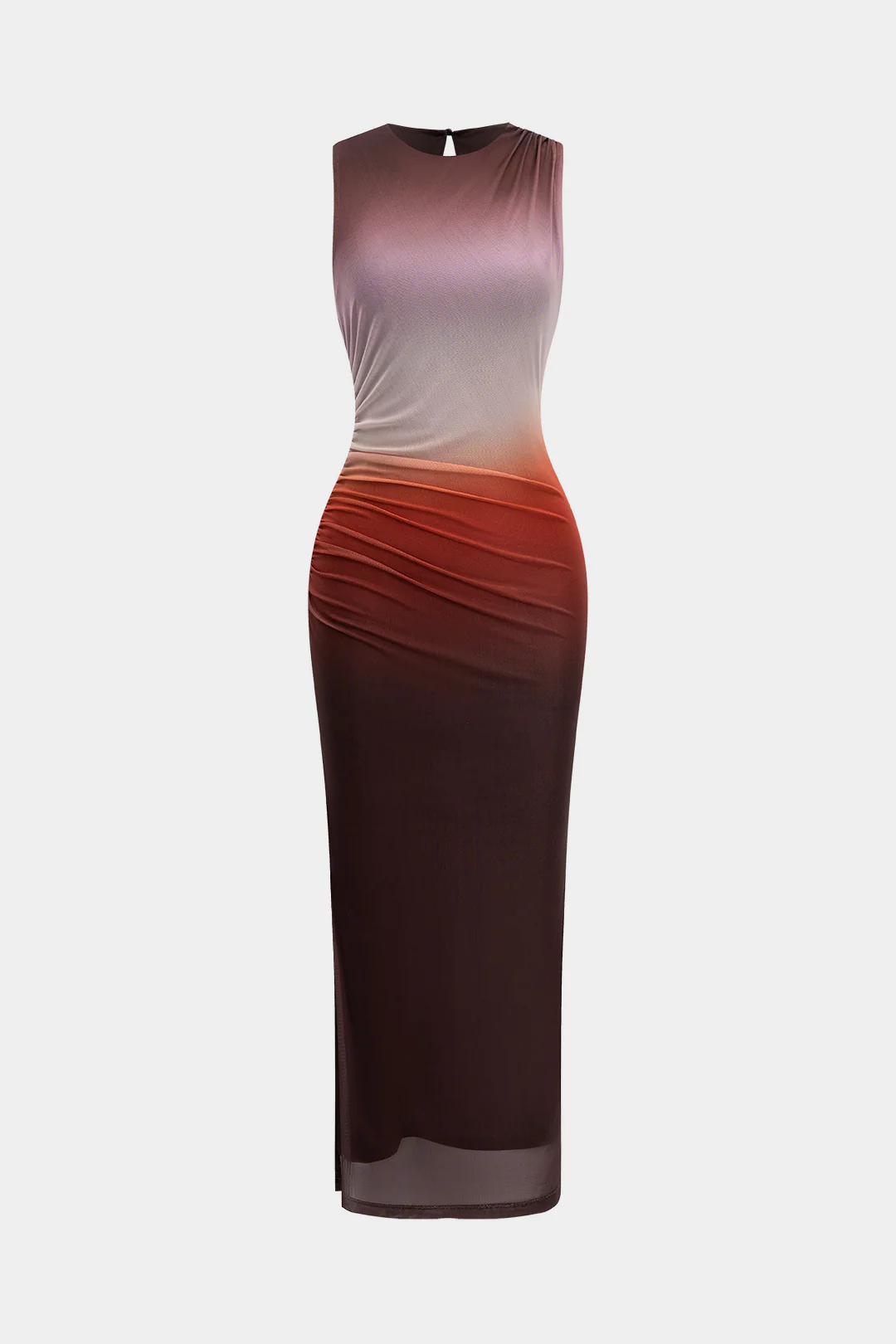 Ombre-Print Mesh Ruched Round-Neck Sleeveless Maxi Dress